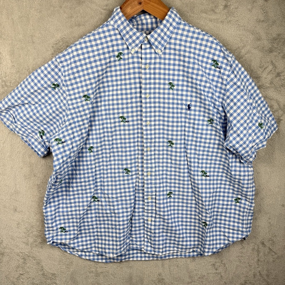 Polo Ralph Lauren Palm Tree Button Down Shirt Mens 3XB Blue Gingham Beach Casual